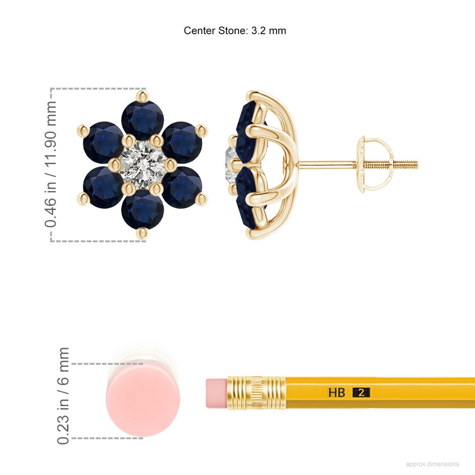 3.2mm A Six Petal Diamond and Sapphire Flower Stud Earrings in Yellow Gold ruler