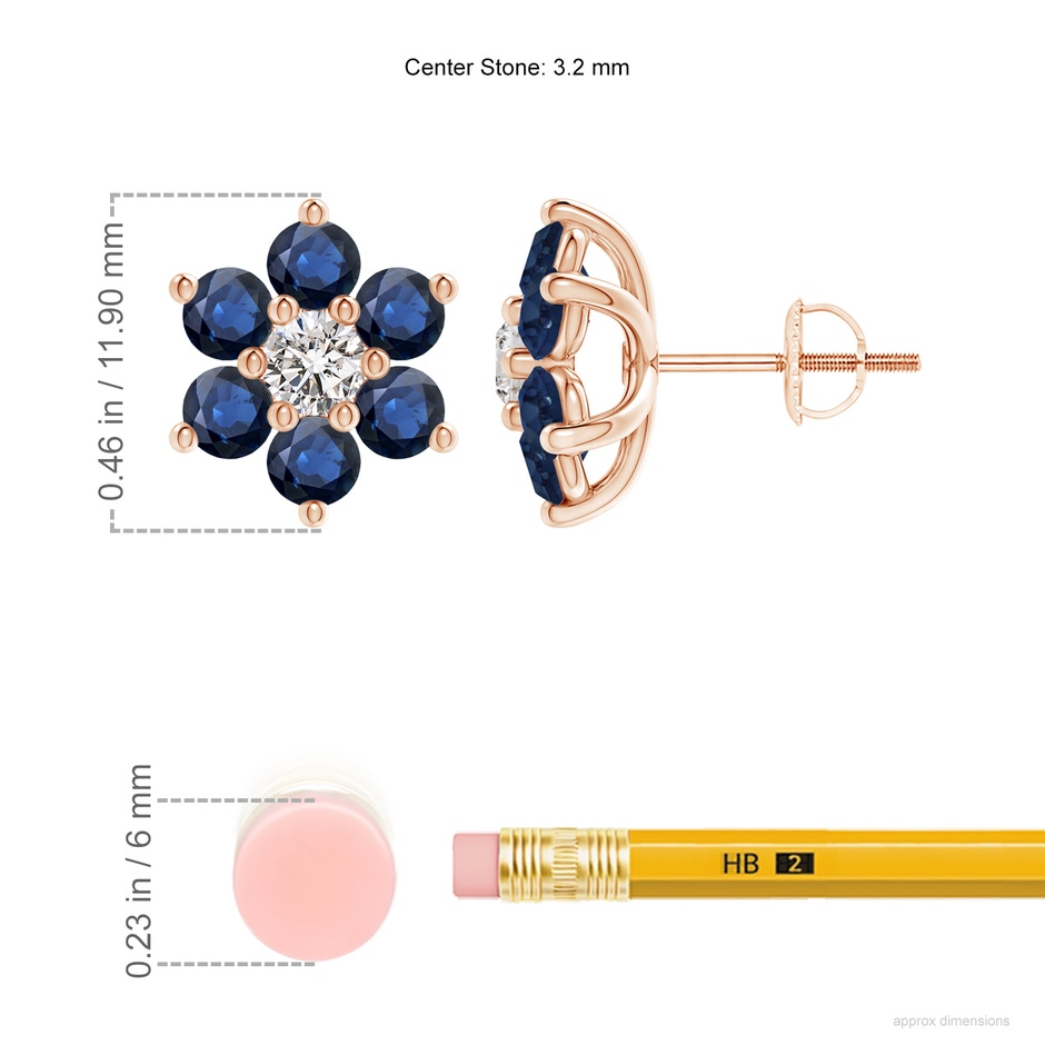 3.2mm AA Six Petal Diamond and Sapphire Flower Stud Earrings in Rose Gold ruler