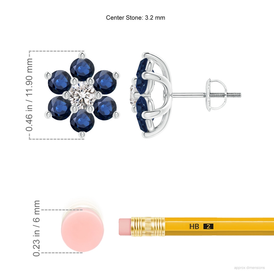 3.2mm AA Six Petal Diamond and Sapphire Flower Stud Earrings in White Gold ruler