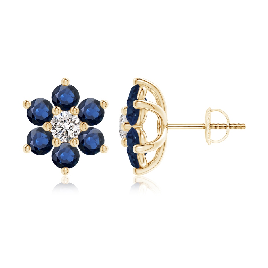 3.2mm AA Six Petal Diamond and Sapphire Flower Stud Earrings in Yellow Gold 