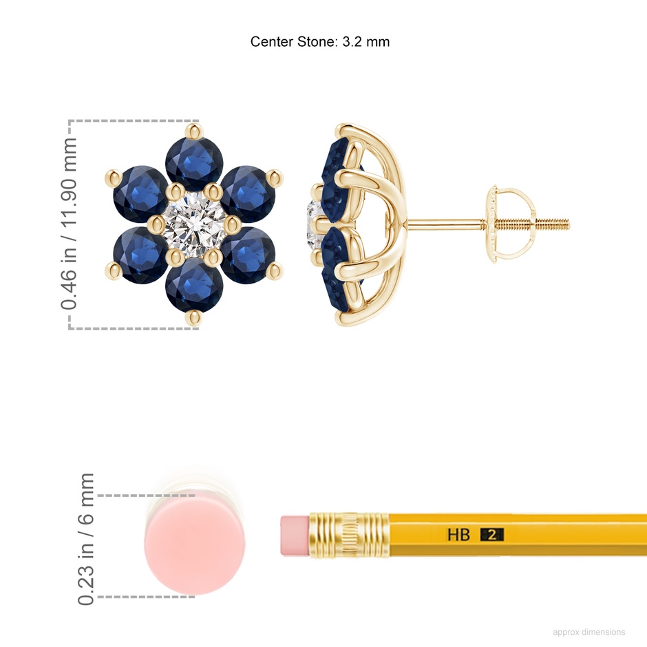 3.2mm AA Six Petal Diamond and Sapphire Flower Stud Earrings in Yellow Gold ruler