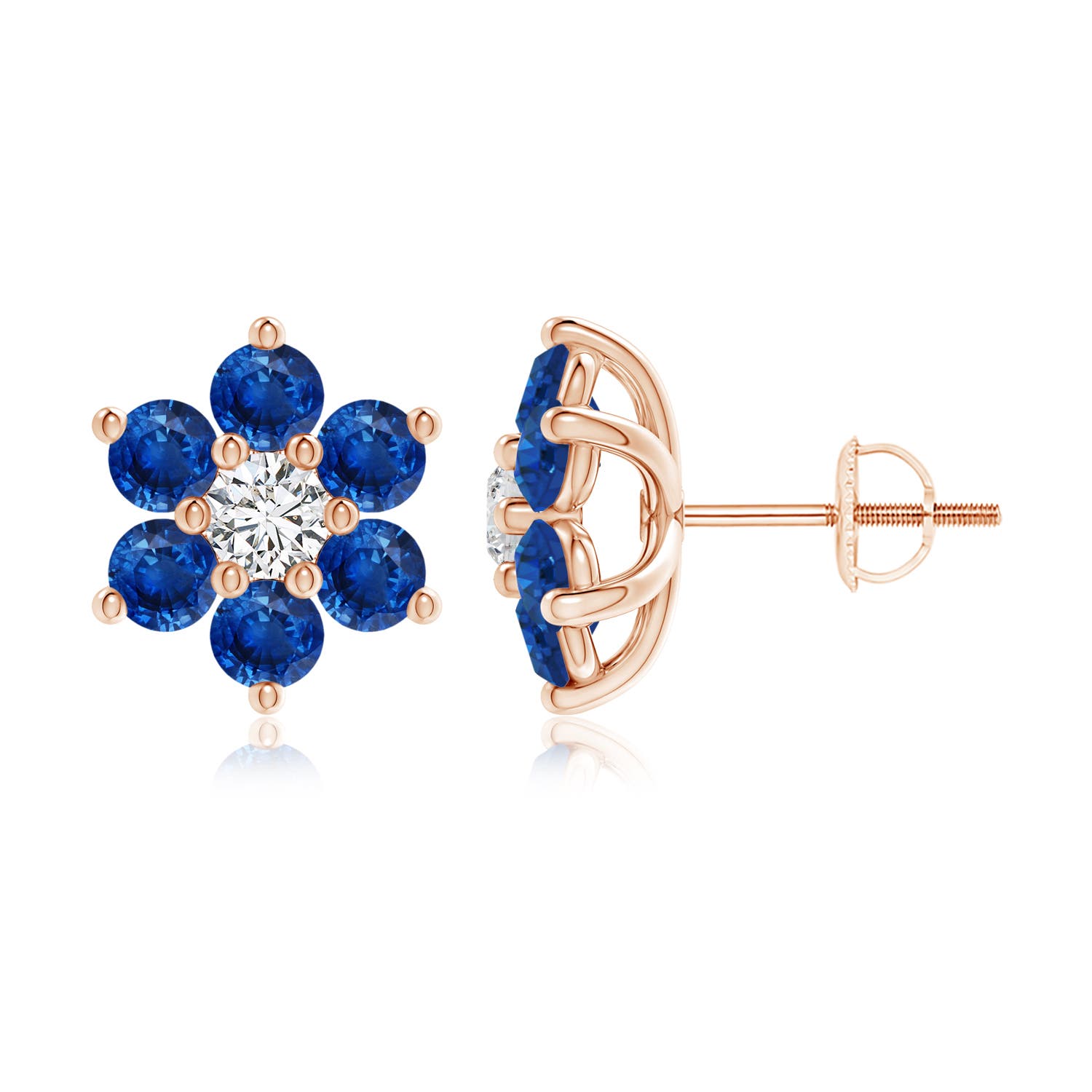 3.2mm AAA Six Petal Diamond and Sapphire Flower Stud Earrings in Rose Gold