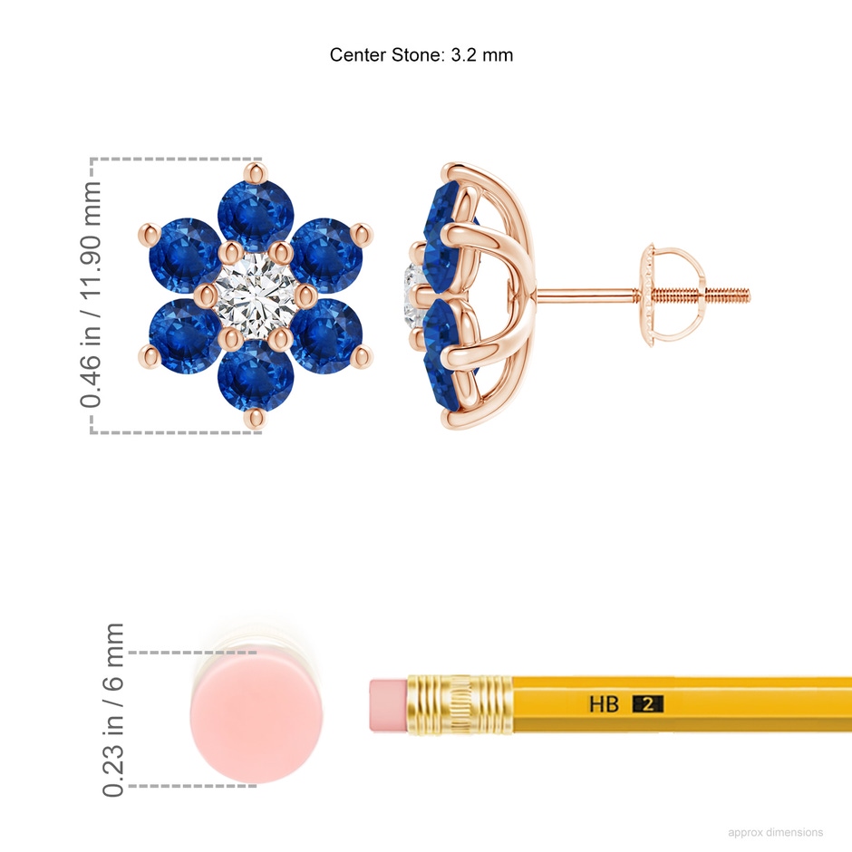3.2mm AAA Six Petal Diamond and Sapphire Flower Stud Earrings in Rose Gold ruler