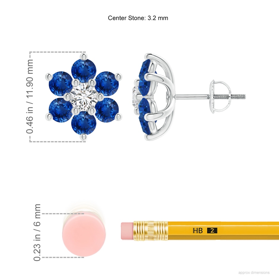 3.2mm AAA Six Petal Diamond and Sapphire Flower Stud Earrings in White Gold ruler