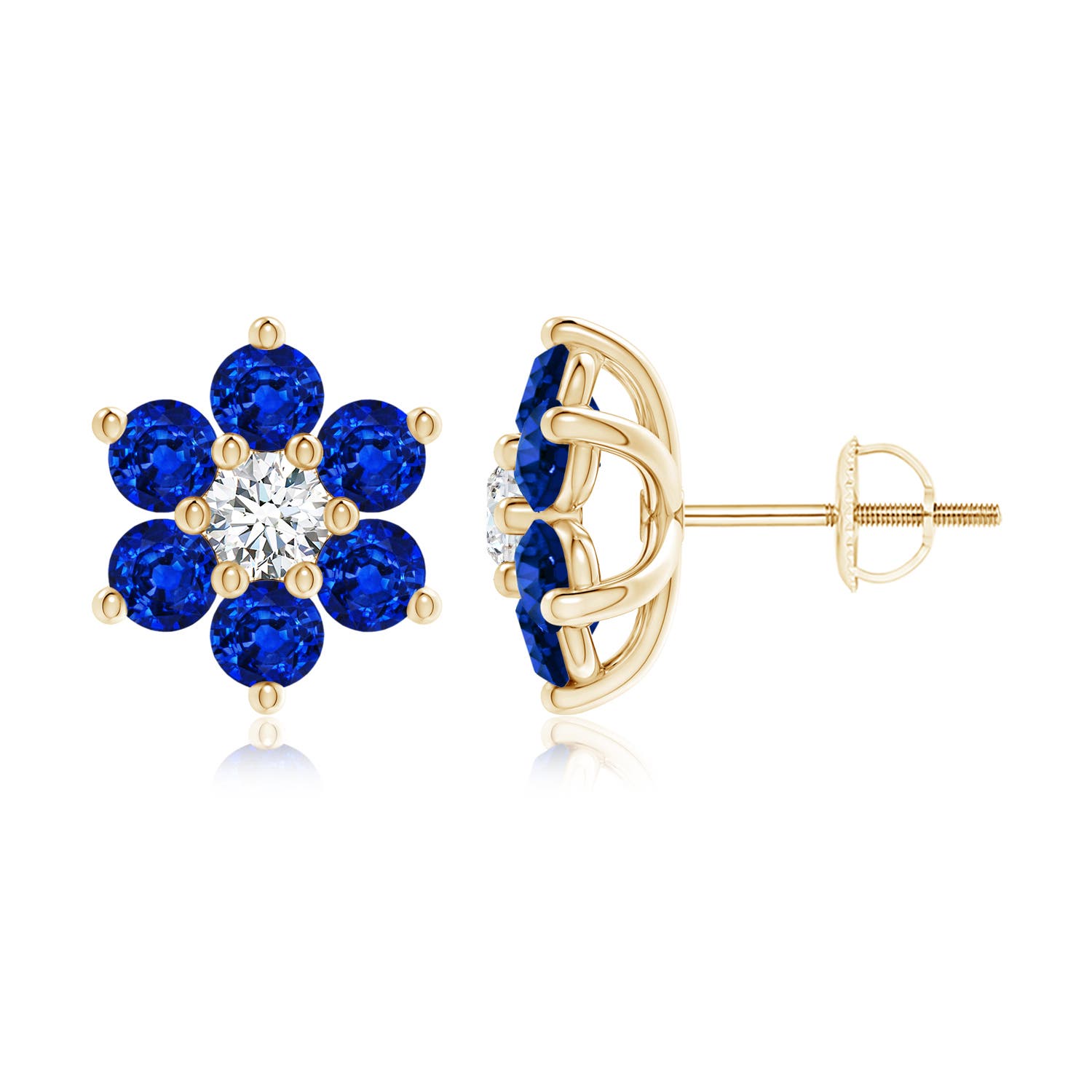 3.2mm AAAA Six Petal Diamond and Sapphire Flower Stud Earrings in 18CT Yellow Gold