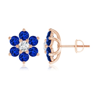 3.2mm AAAA Six Petal Diamond and Sapphire Flower Stud Earrings in Rose Gold