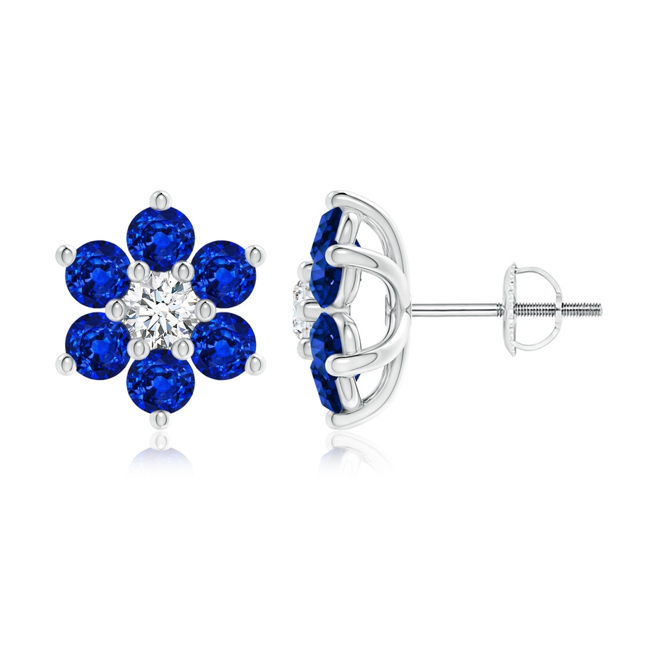 3.2mm AAAA Six Petal Diamond and Sapphire Flower Stud Earrings in White Gold 