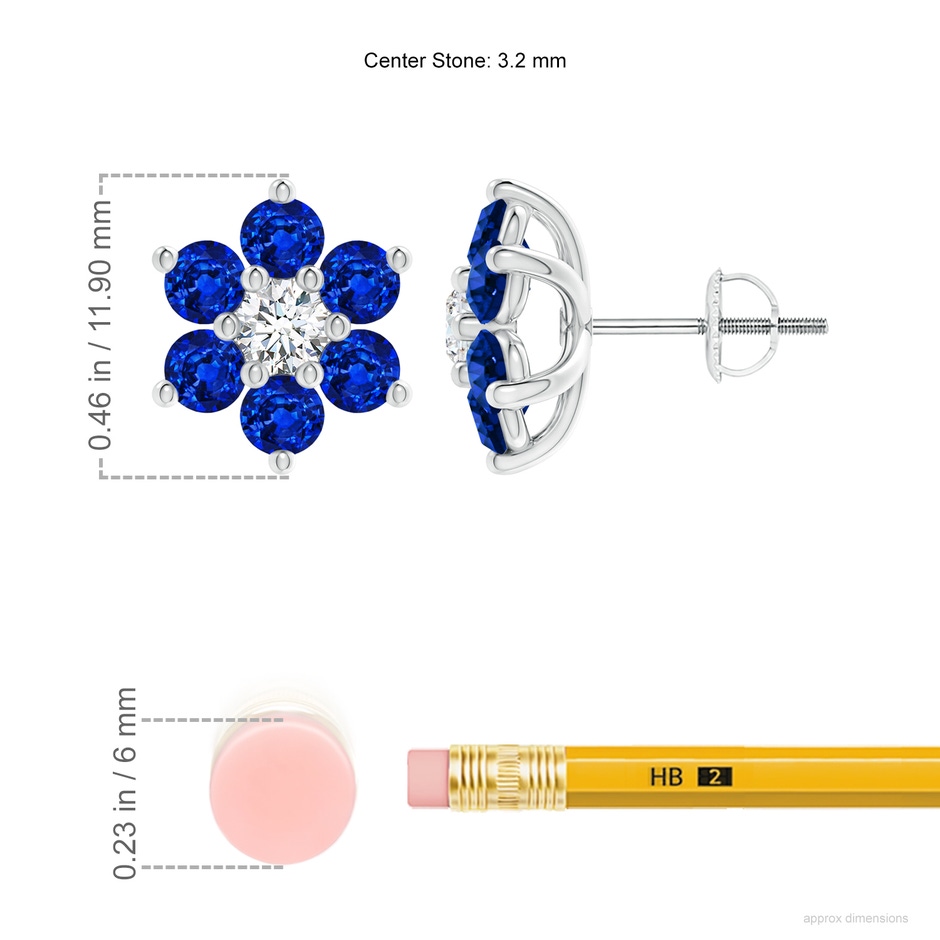 3.2mm AAAA Six Petal Diamond and Sapphire Flower Stud Earrings in White Gold ruler