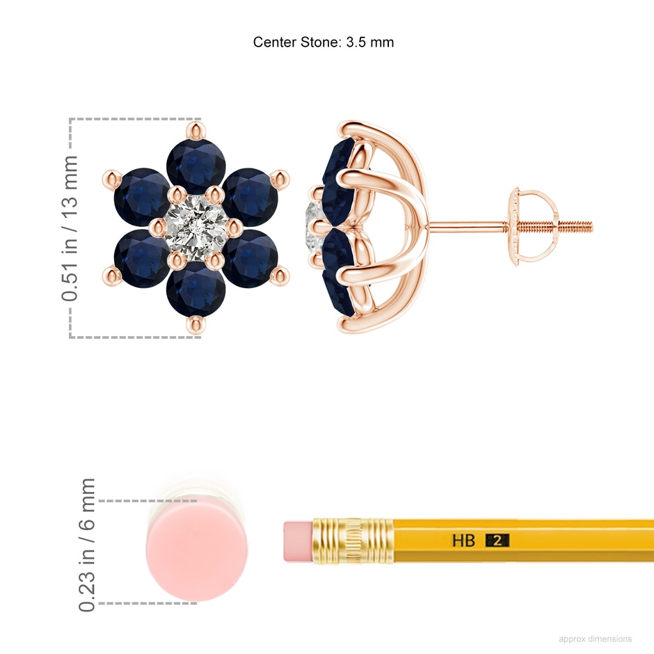 3.5mm A Six Petal Diamond and Sapphire Flower Stud Earrings in Rose Gold ruler