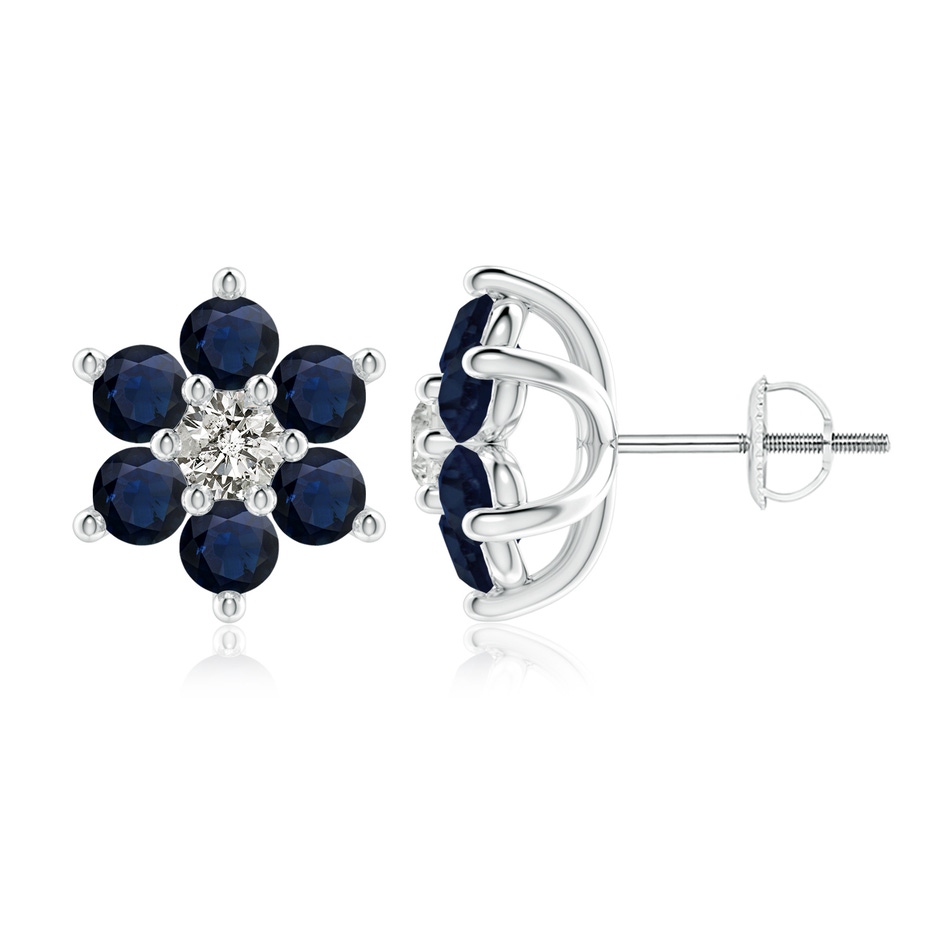 3.5mm A Six Petal Diamond and Sapphire Flower Stud Earrings in White Gold 