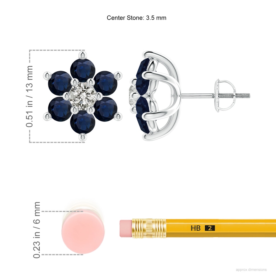 3.5mm A Six Petal Diamond and Sapphire Flower Stud Earrings in White Gold ruler
