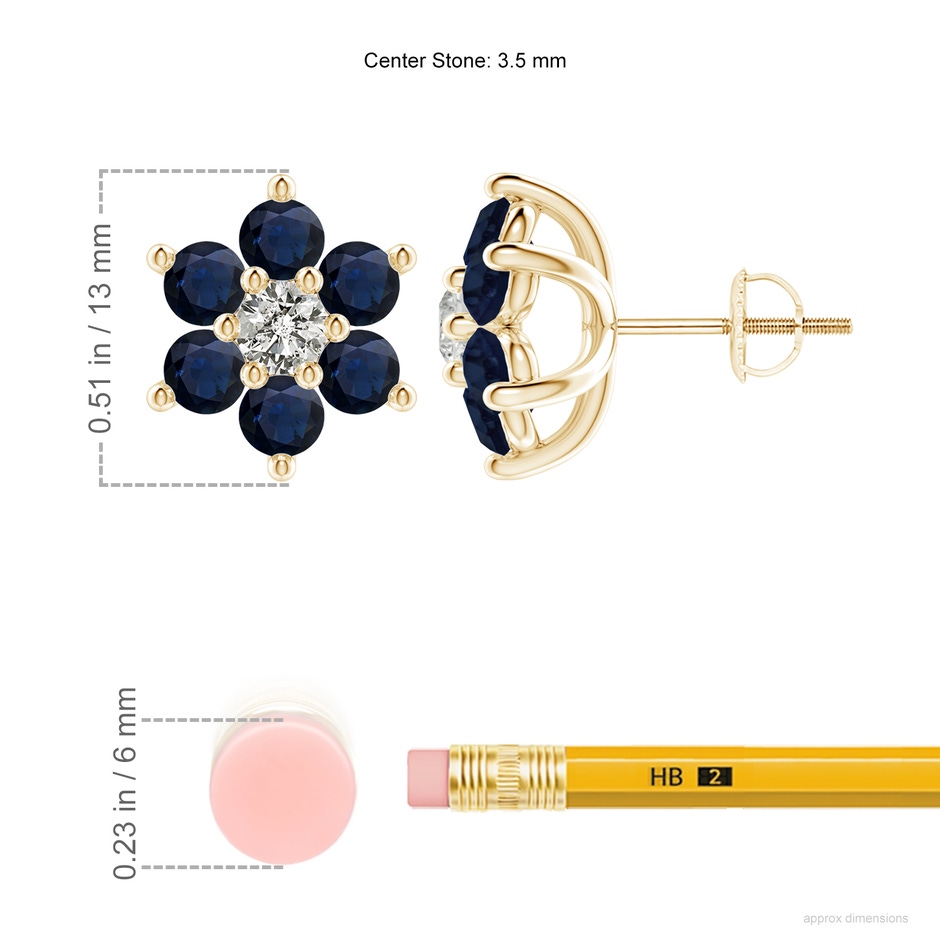 3.5mm A Six Petal Diamond and Sapphire Flower Stud Earrings in Yellow Gold ruler