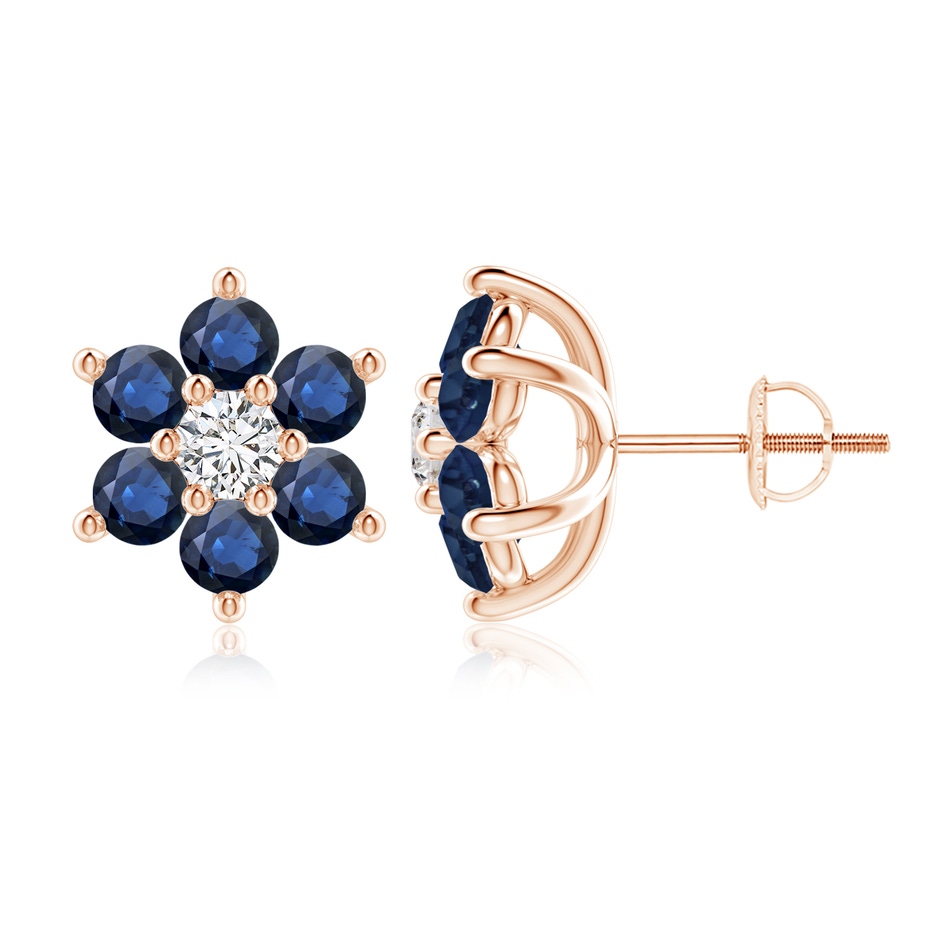 3.5mm AA Six Petal Diamond and Sapphire Flower Stud Earrings in Rose Gold 