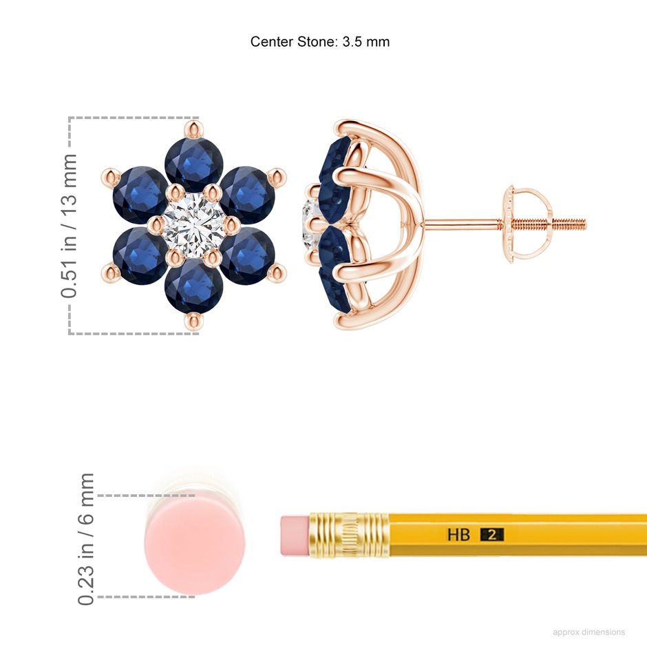 3.5mm AA Six Petal Diamond and Sapphire Flower Stud Earrings in Rose Gold ruler