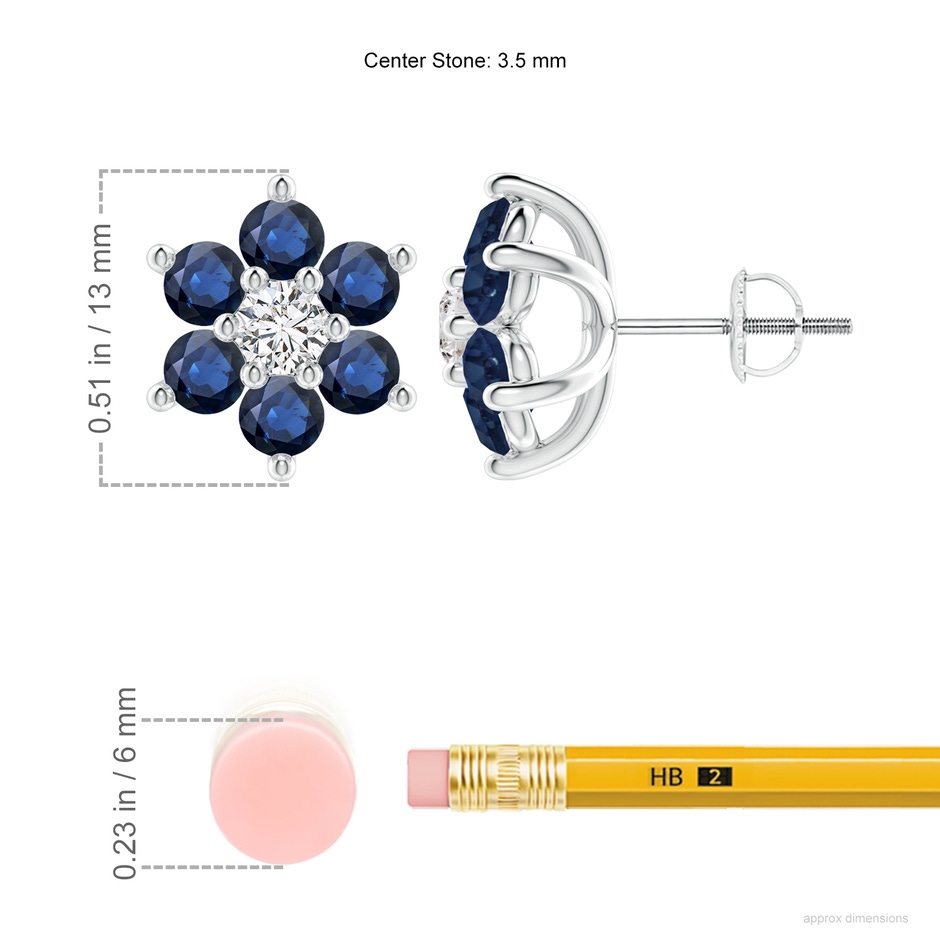 3.5mm AA Six Petal Diamond and Sapphire Flower Stud Earrings in White Gold ruler