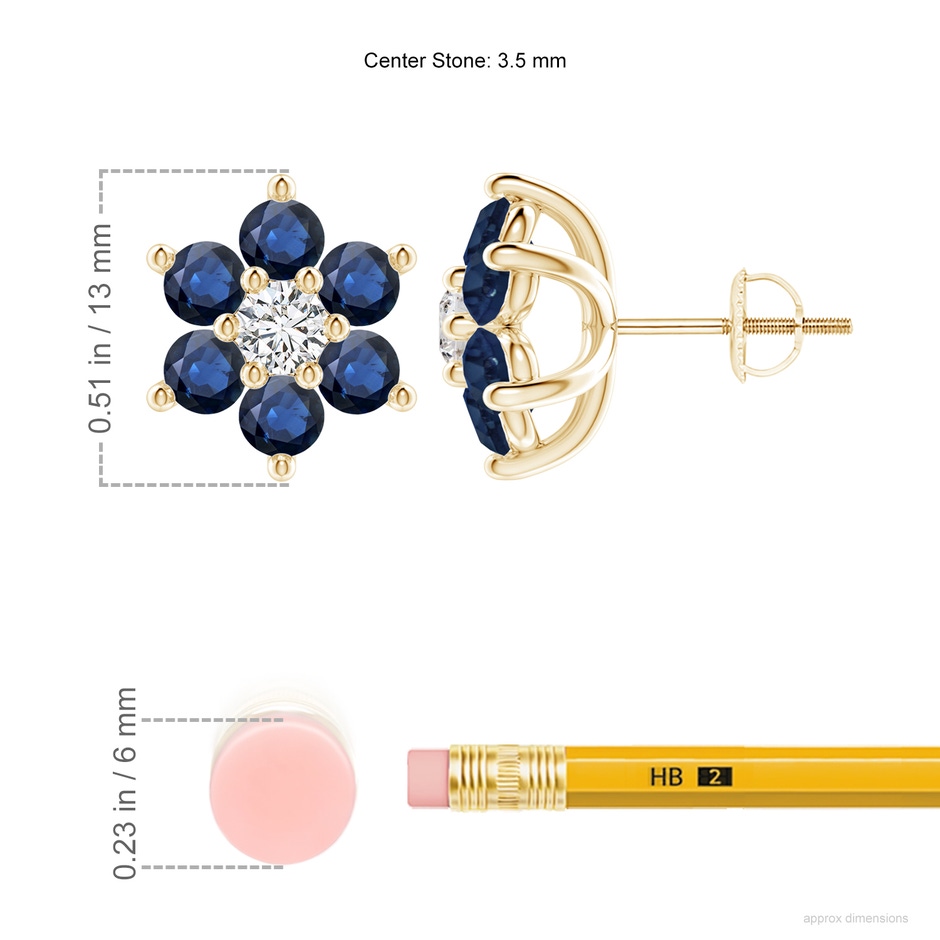 3.5mm AA Six Petal Diamond and Sapphire Flower Stud Earrings in Yellow Gold ruler