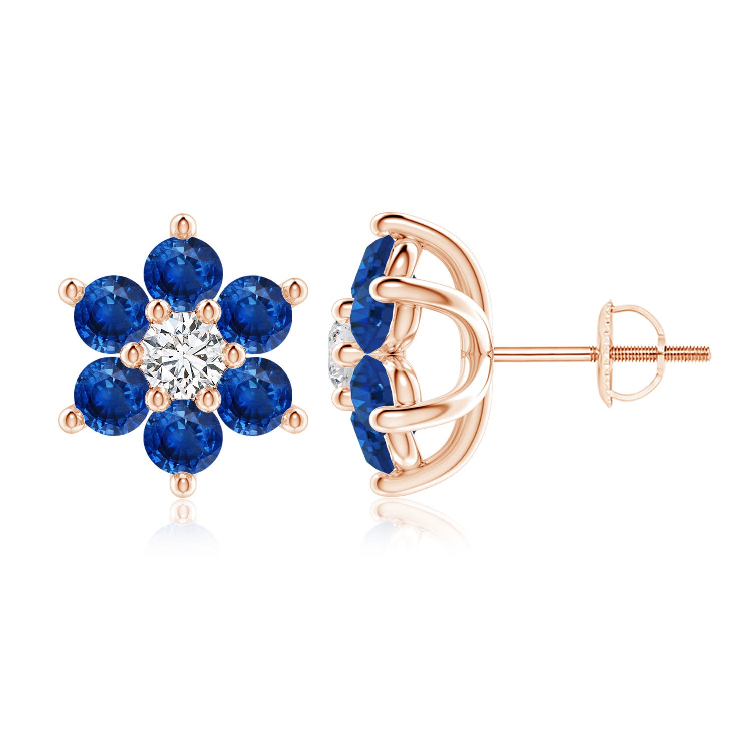3.5mm AAA Six Petal Diamond and Sapphire Flower Stud Earrings in Rose Gold