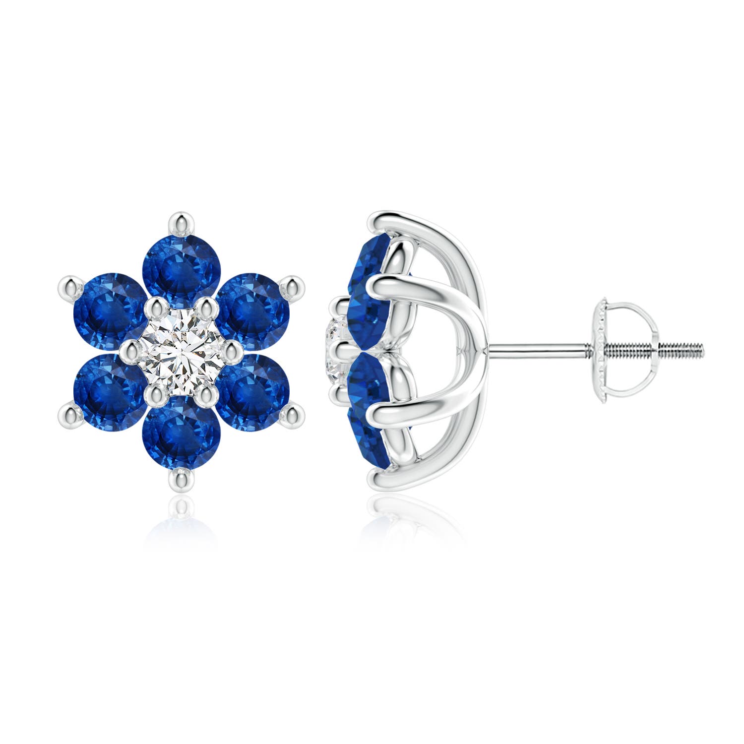 3.5mm AAA Six Petal Diamond and Sapphire Flower Stud Earrings in White Gold