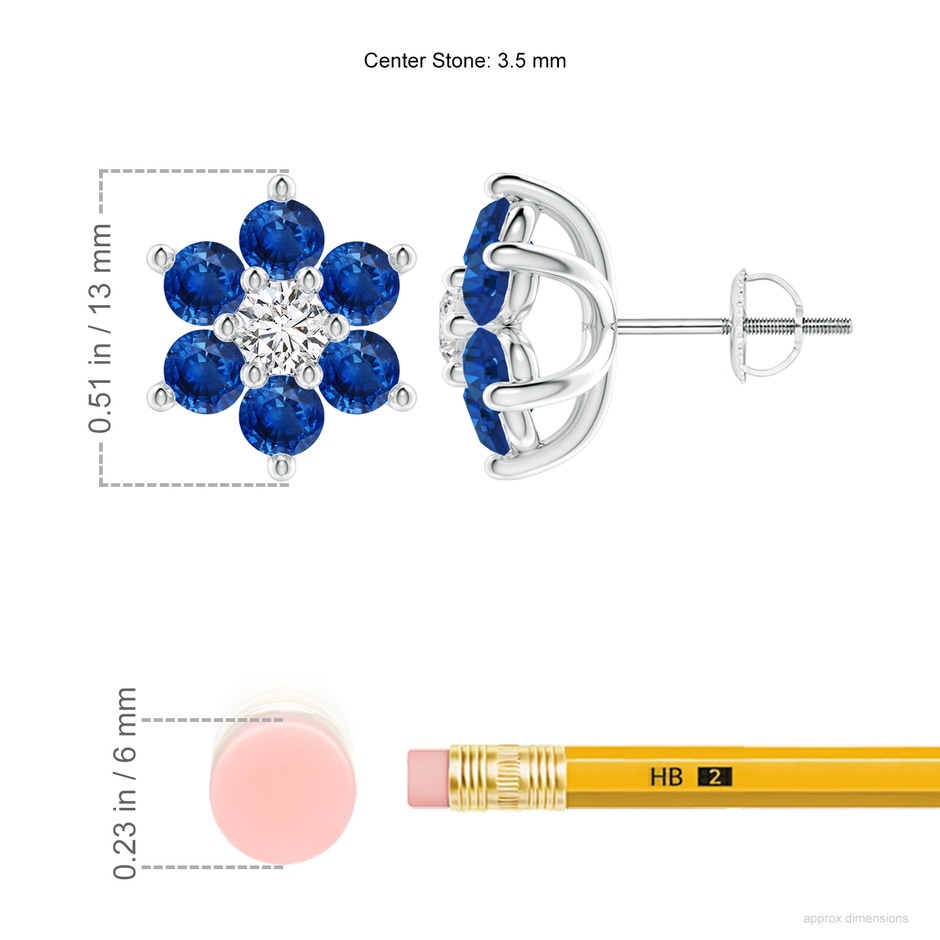 3.5mm AAA Six Petal Diamond and Sapphire Flower Stud Earrings in White Gold ruler