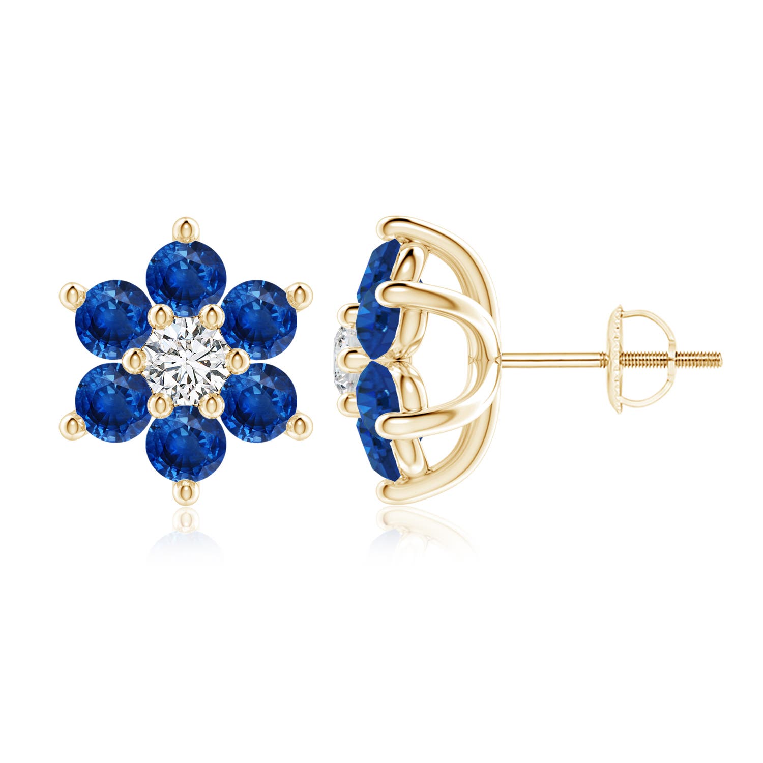 3.5mm AAA Six Petal Diamond and Sapphire Flower Stud Earrings in Yellow Gold