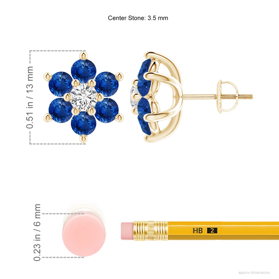 3.5mm AAA Six Petal Diamond and Sapphire Flower Stud Earrings in Yellow Gold ruler