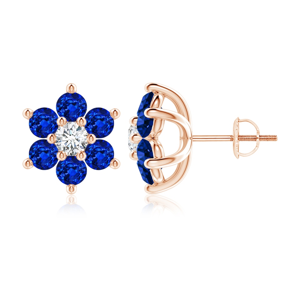 3.5mm AAAA Six Petal Diamond and Sapphire Flower Stud Earrings in Rose Gold 