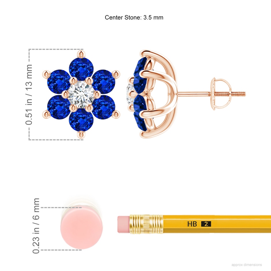 3.5mm AAAA Six Petal Diamond and Sapphire Flower Stud Earrings in Rose Gold ruler
