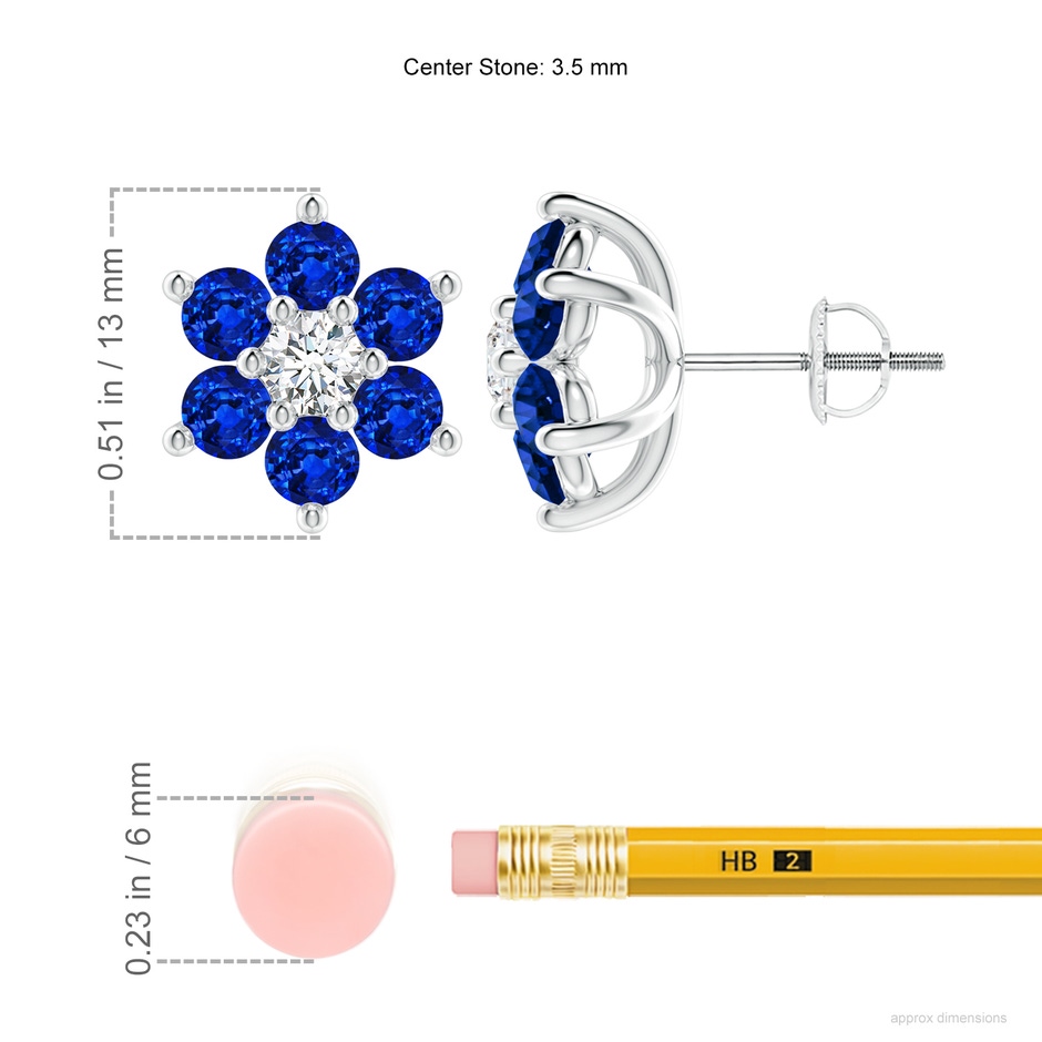 3.5mm Lab-Grown Six Petal Diamond and Sapphire Flower Stud Earrings in White Gold ruler