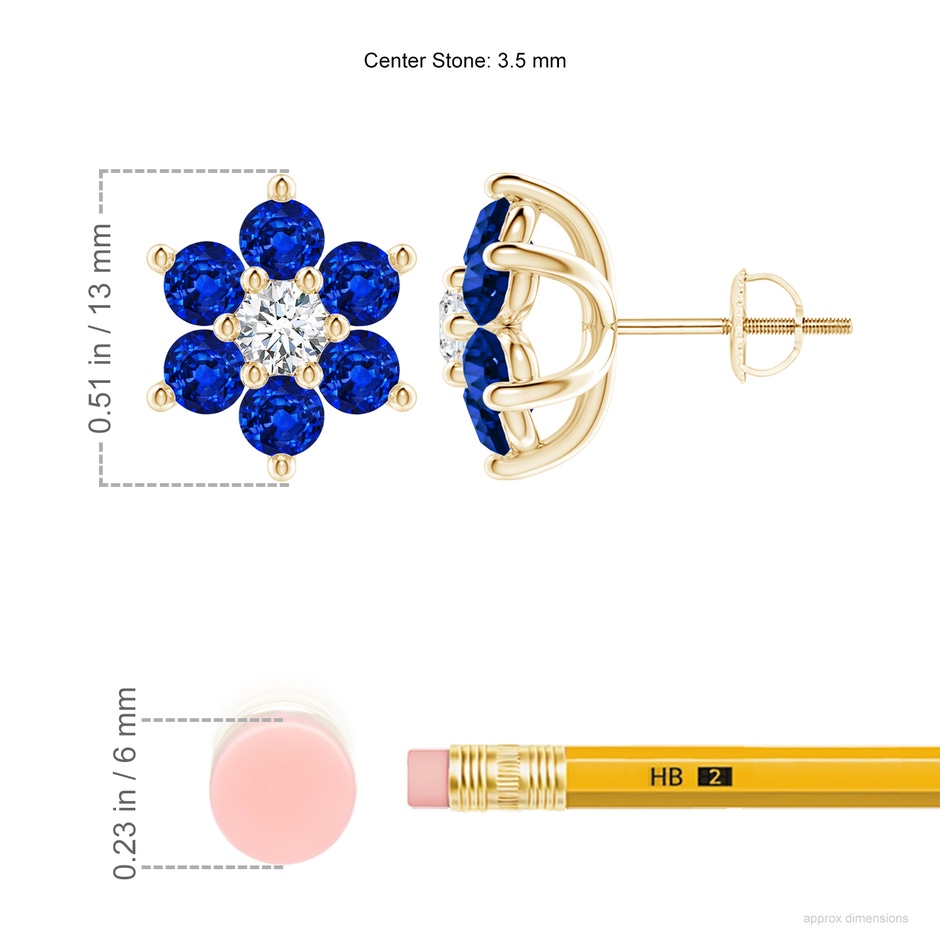 3.5mm Lab-Grown Six Petal Diamond and Sapphire Flower Stud Earrings in Yellow Gold ruler