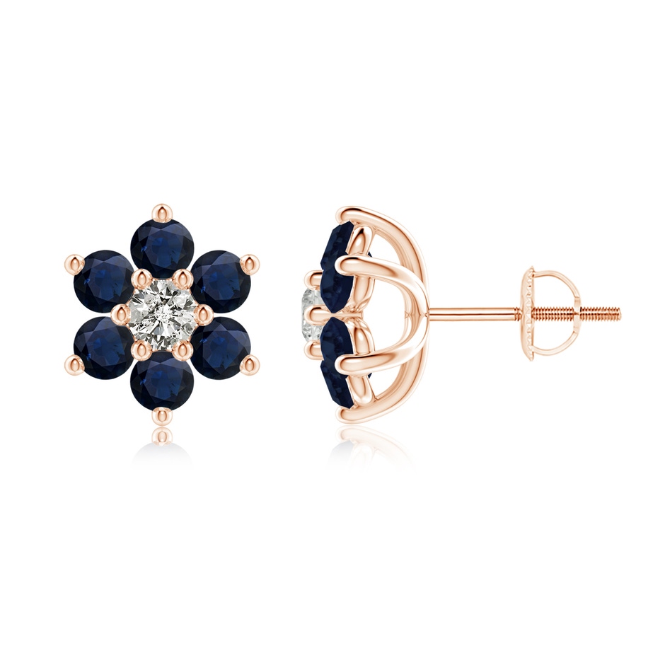 3mm A Six Petal Diamond and Sapphire Flower Stud Earrings in Rose Gold 