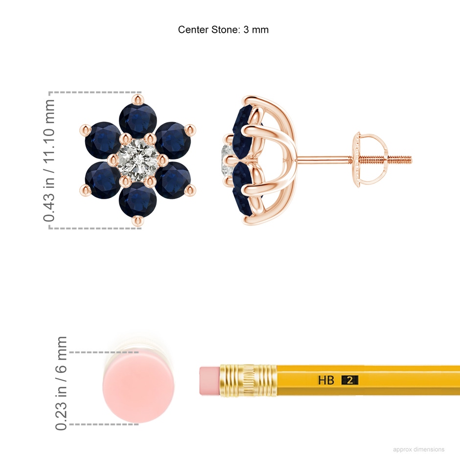 3mm A Six Petal Diamond and Sapphire Flower Stud Earrings in Rose Gold ruler