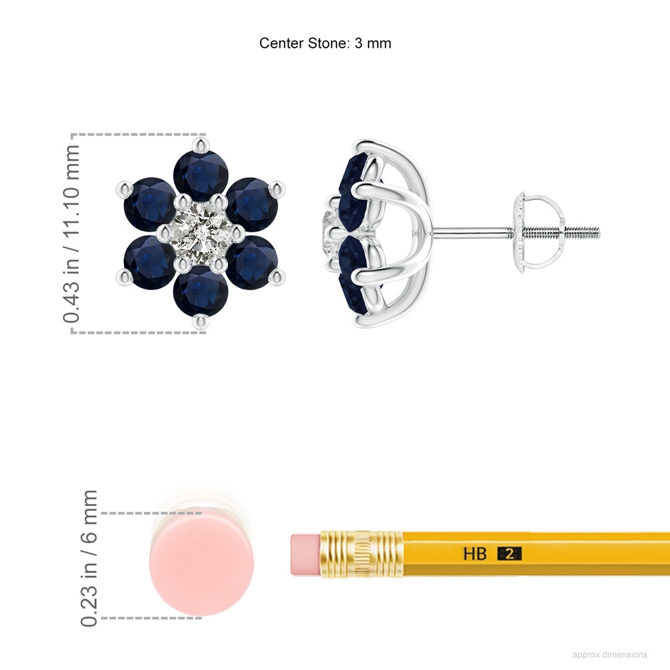 3mm A Six Petal Diamond and Sapphire Flower Stud Earrings in White Gold ruler