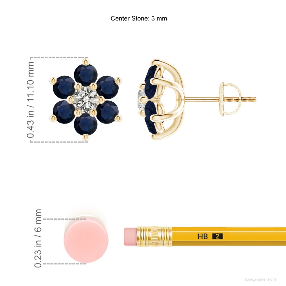 3mm A Six Petal Diamond and Sapphire Flower Stud Earrings in Yellow Gold ruler