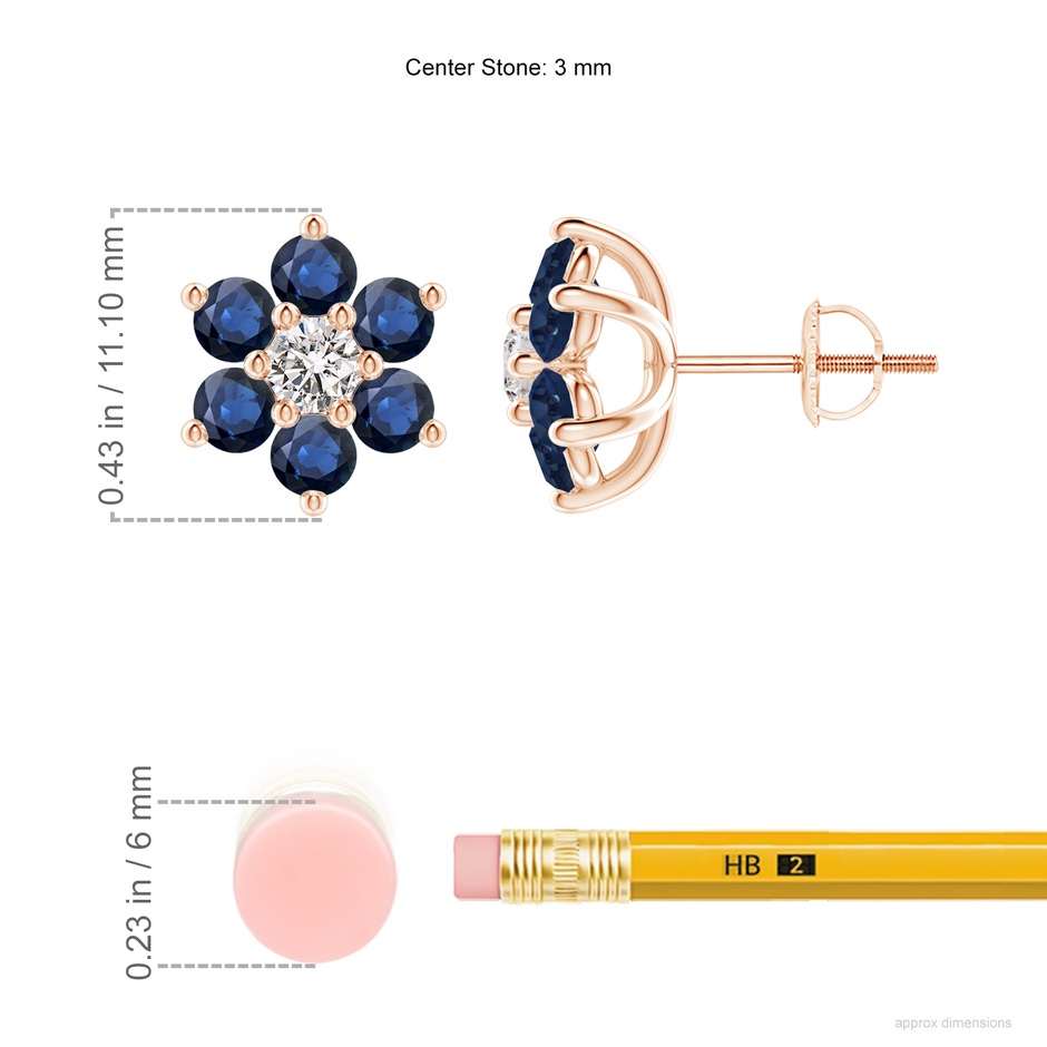3mm AA Six Petal Diamond and Sapphire Flower Stud Earrings in Rose Gold ruler
