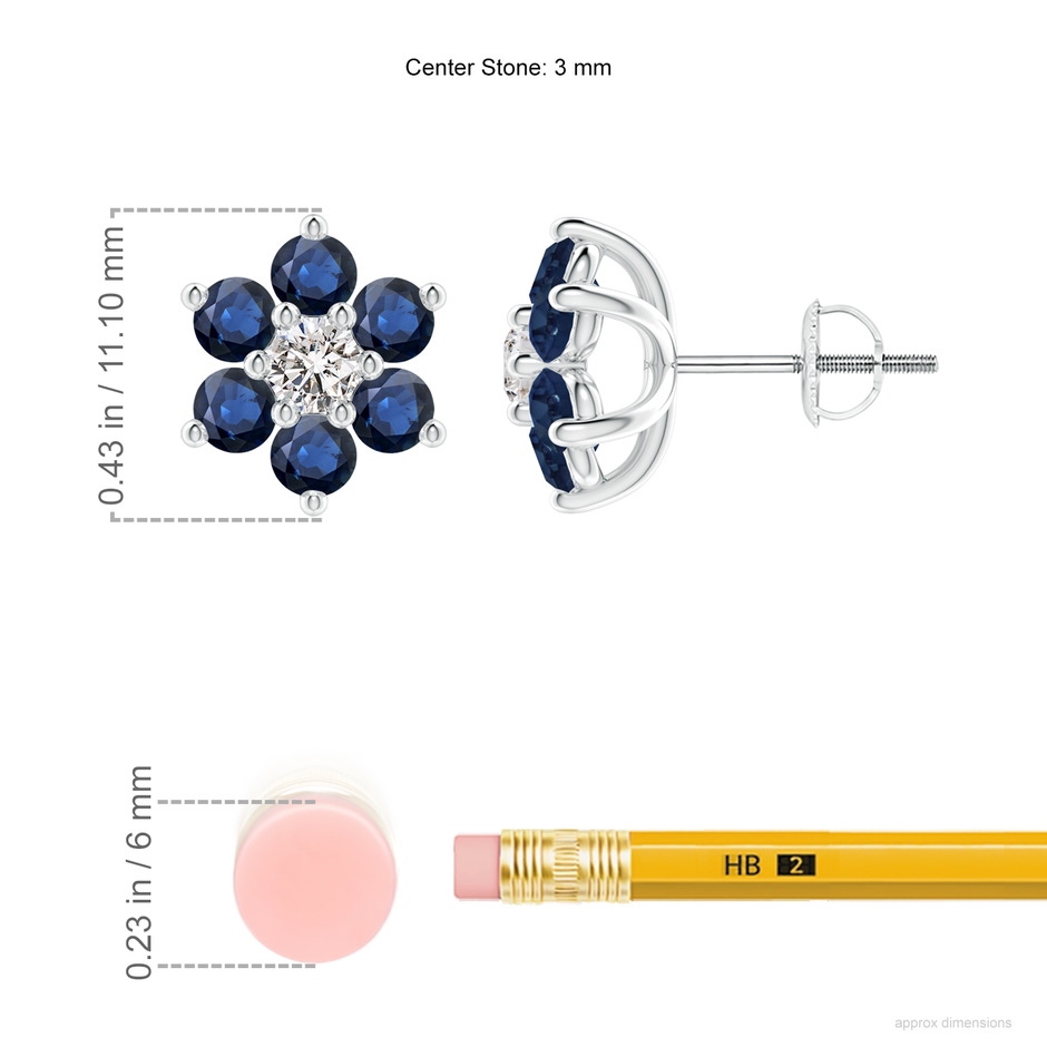 3mm AA Six Petal Diamond and Sapphire Flower Stud Earrings in White Gold ruler