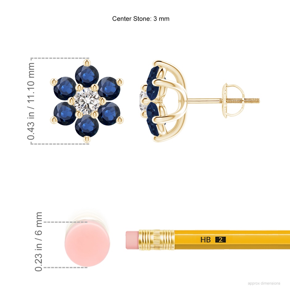 3mm AA Six Petal Diamond and Sapphire Flower Stud Earrings in Yellow Gold ruler