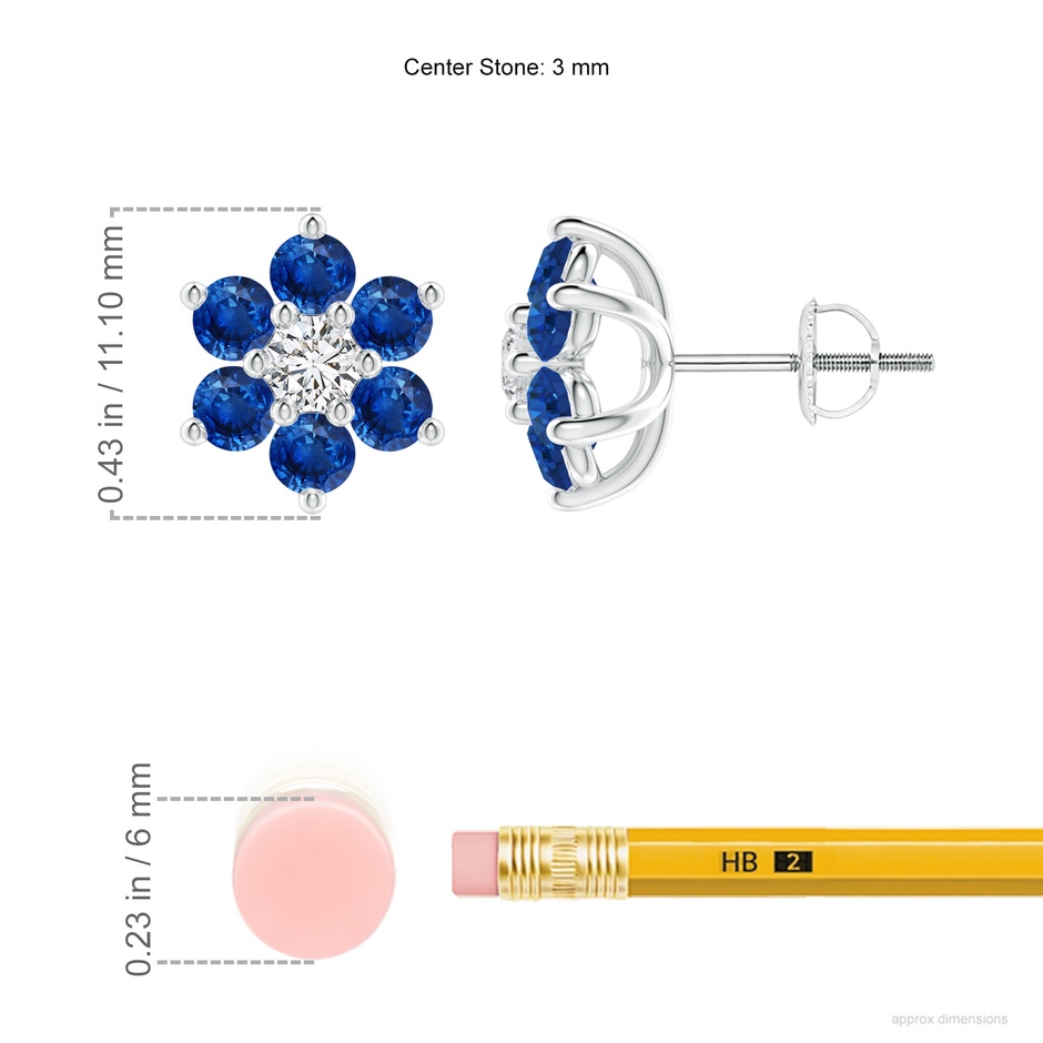 3mm AAA Six Petal Diamond and Sapphire Flower Stud Earrings in White Gold ruler