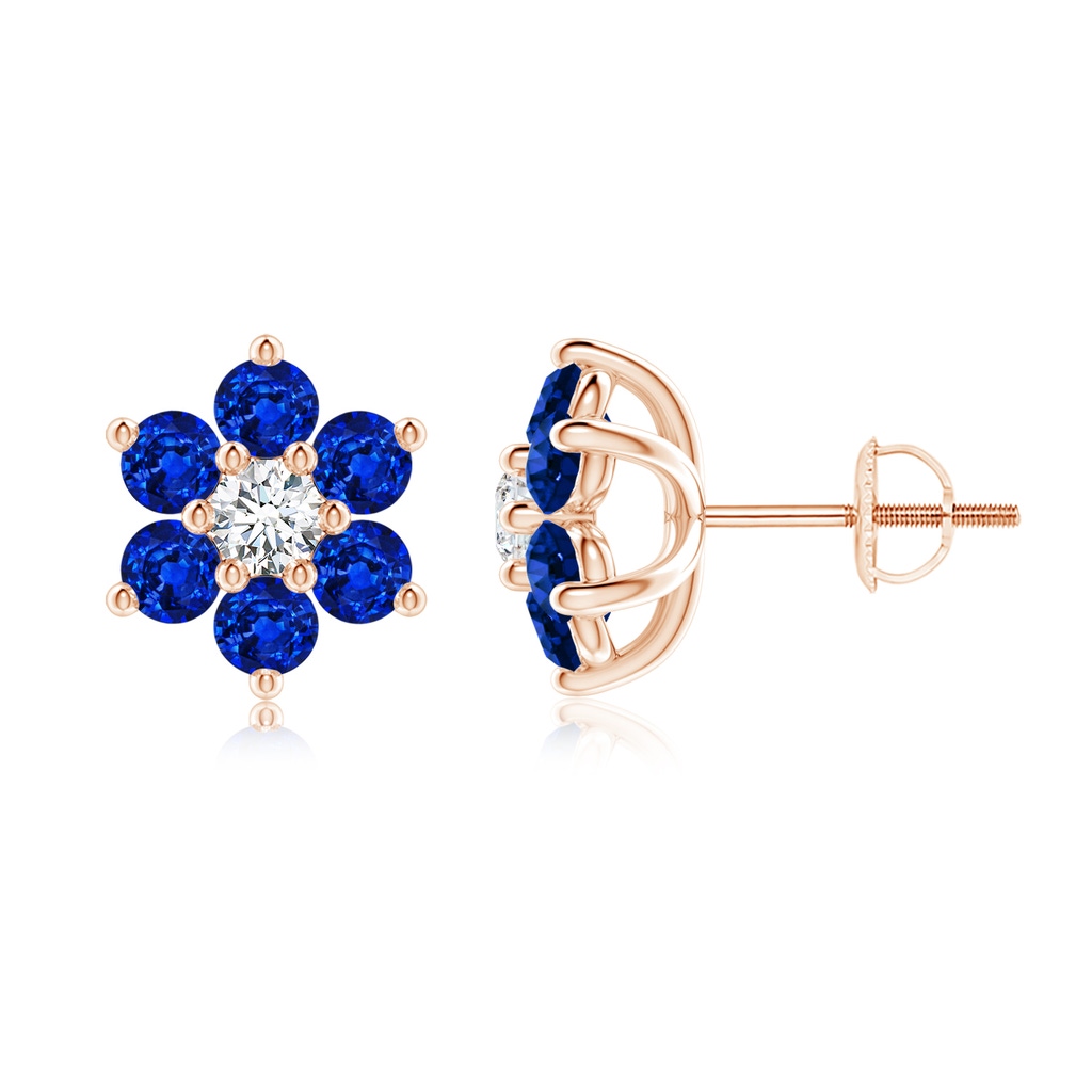 3mm Lab-Grown Six Petal Diamond and Sapphire Flower Stud Earrings in Rose Gold