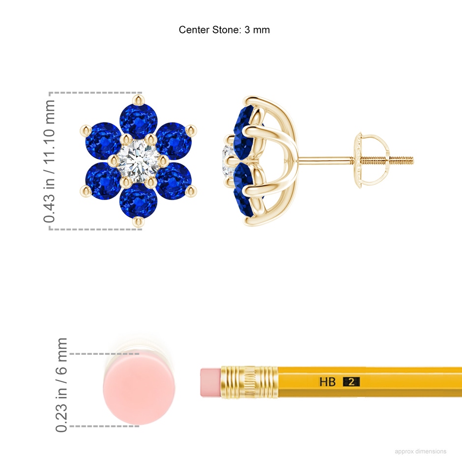 3mm Lab-Grown Six Petal Diamond and Sapphire Flower Stud Earrings in Yellow Gold ruler