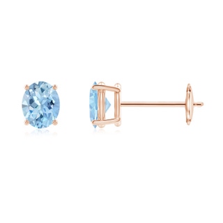 5x4mm AAA Claw-Set Solitaire Oval Aquamarine Stud Earrings in Rose Gold