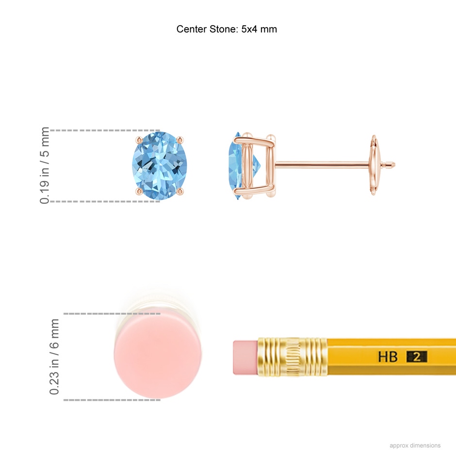 5x4mm AAAA Claw-Set Solitaire Oval Aquamarine Stud Earrings in Rose Gold ruler