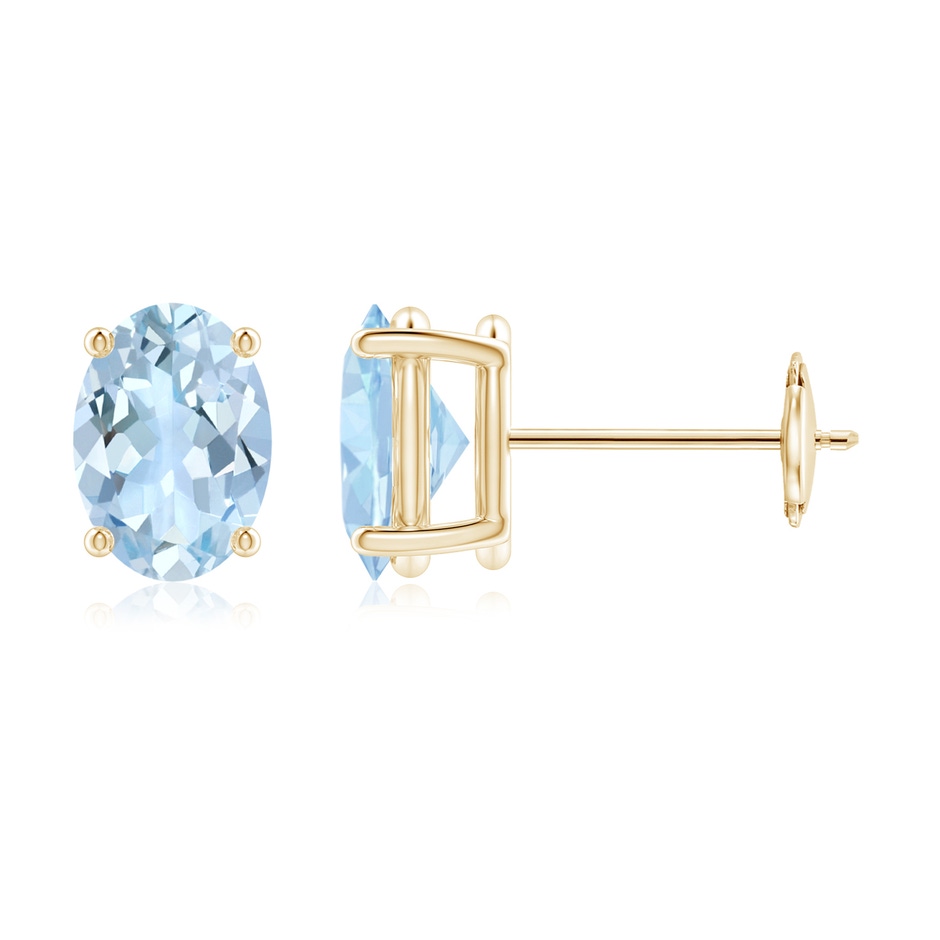 7x5mm AA Claw-Set Solitaire Oval Aquamarine Stud Earrings in Yellow Gold 