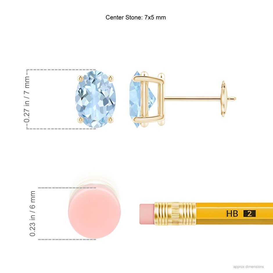 7x5mm AA Claw-Set Solitaire Oval Aquamarine Stud Earrings in Yellow Gold ruler