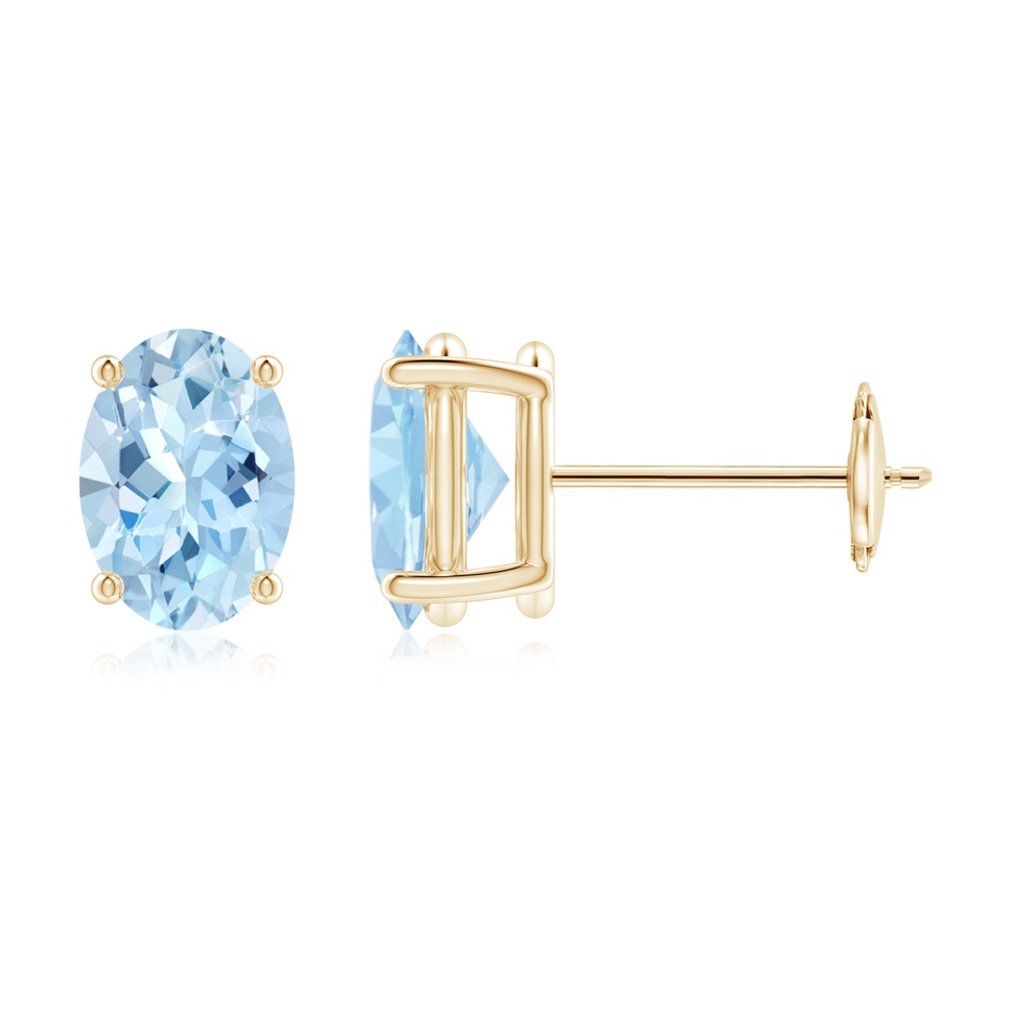 7x5mm AAA Claw-Set Solitaire Oval Aquamarine Stud Earrings in Yellow Gold 