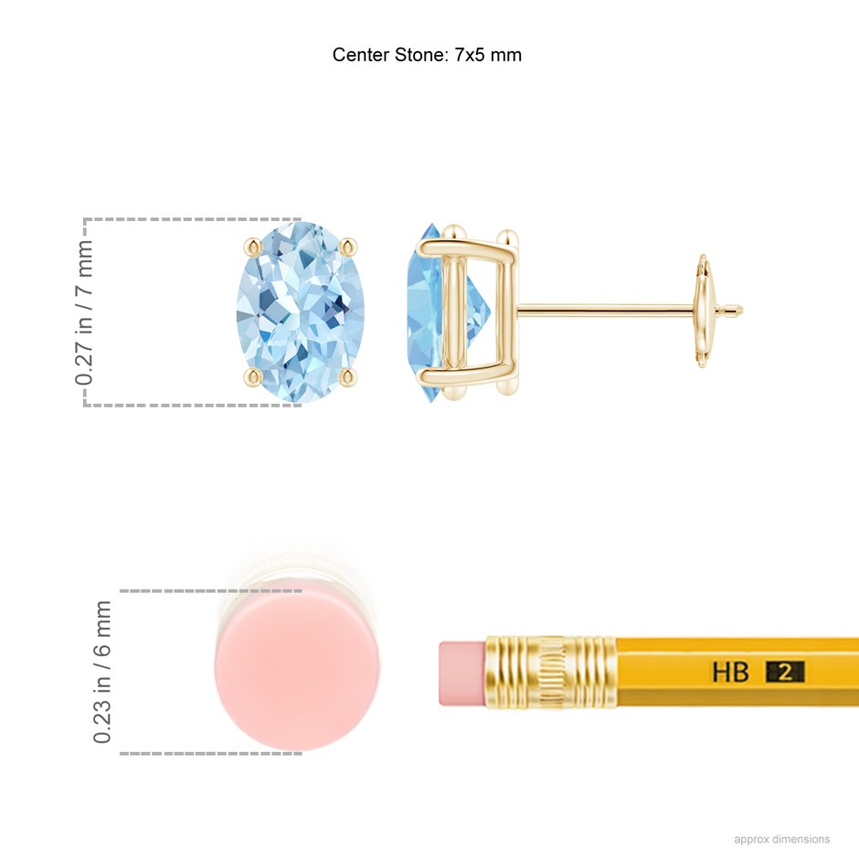 7x5mm AAA Claw-Set Solitaire Oval Aquamarine Stud Earrings in Yellow Gold ruler