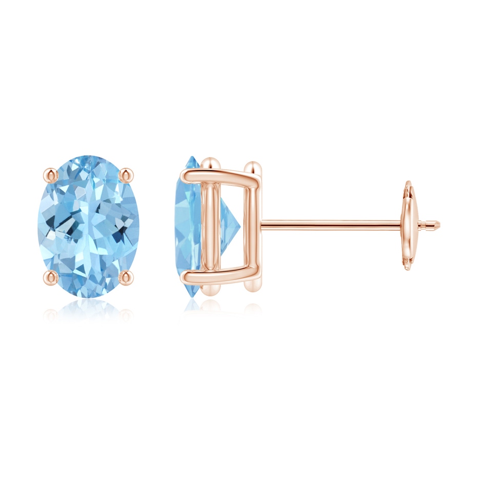 7x5mm AAAA Claw-Set Solitaire Oval Aquamarine Stud Earrings in Rose Gold 