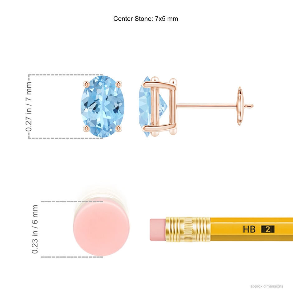 7x5mm AAAA Claw-Set Solitaire Oval Aquamarine Stud Earrings in Rose Gold ruler