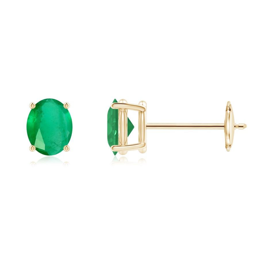 5x4mm A Prong-Set Solitaire Oval Emerald Stud Earrings in Yellow Gold 