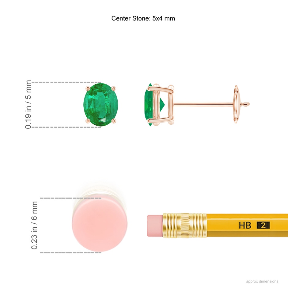 5x4mm AA Prong-Set Solitaire Oval Emerald Stud Earrings in Rose Gold ruler