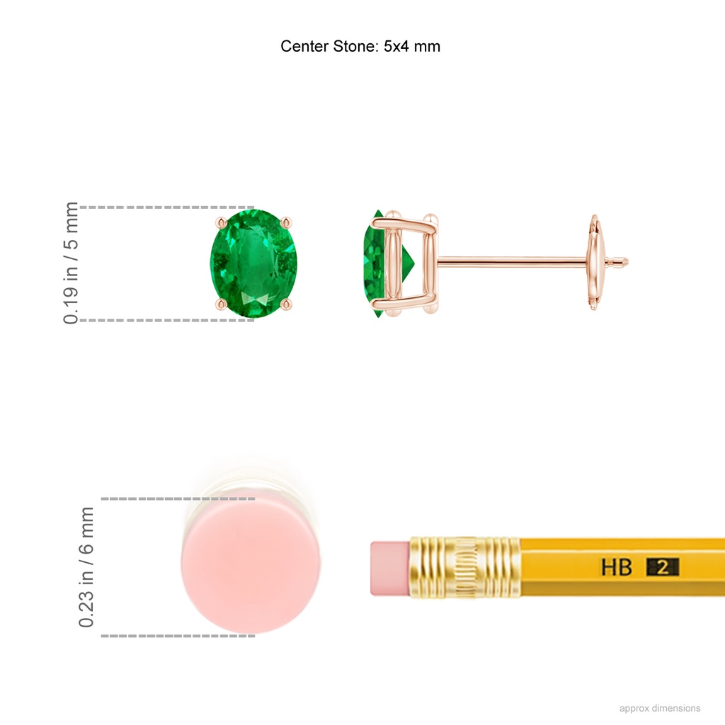 5x4mm AAA Prong-Set Solitaire Oval Emerald Stud Earrings in Rose Gold ruler